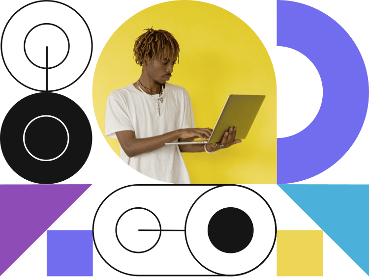 colorful art with man holding laptop